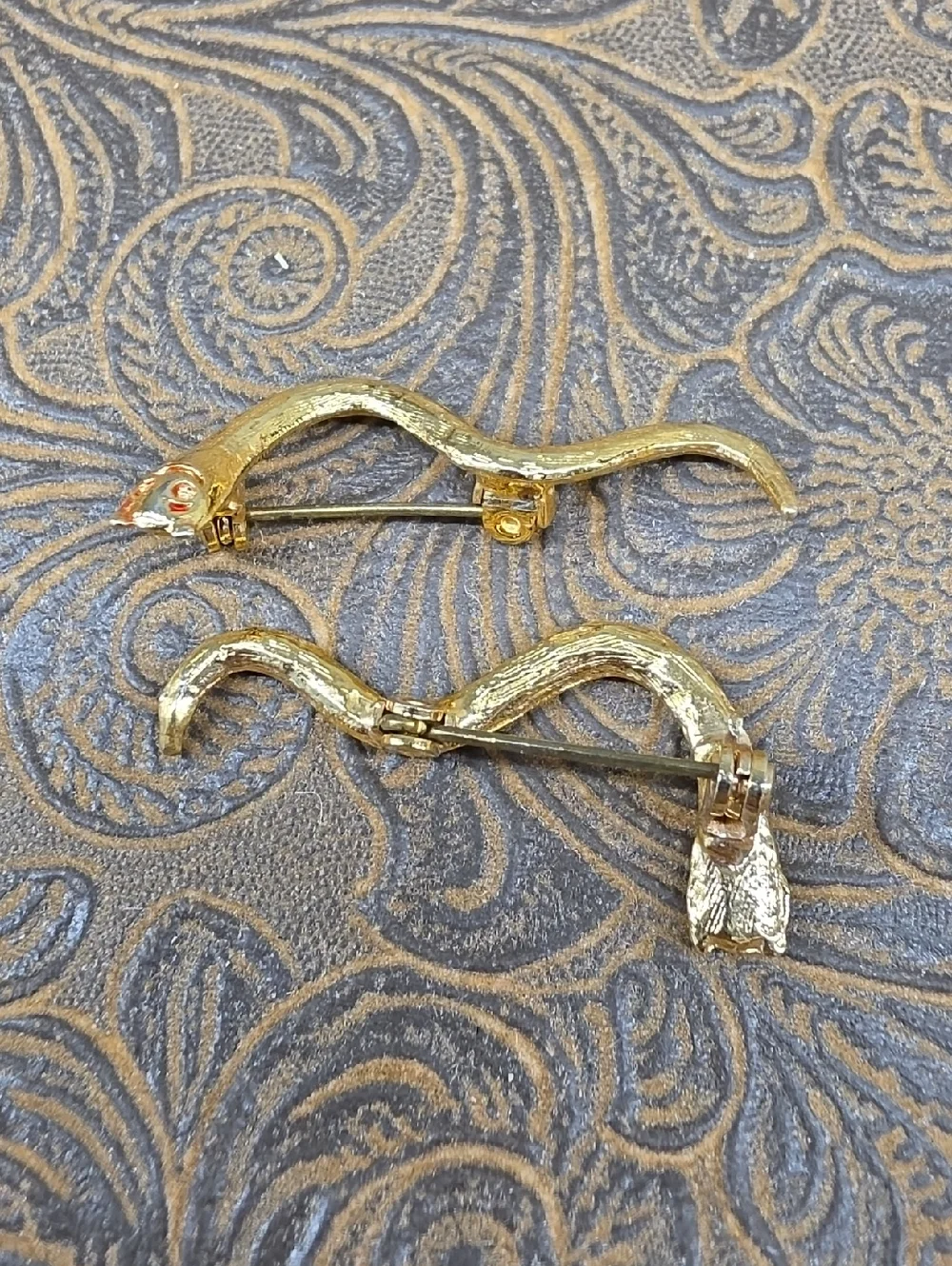 Vintage Gold Tone Snake Serpent Caterpillar Shaped Textured Pin Brooch Pair